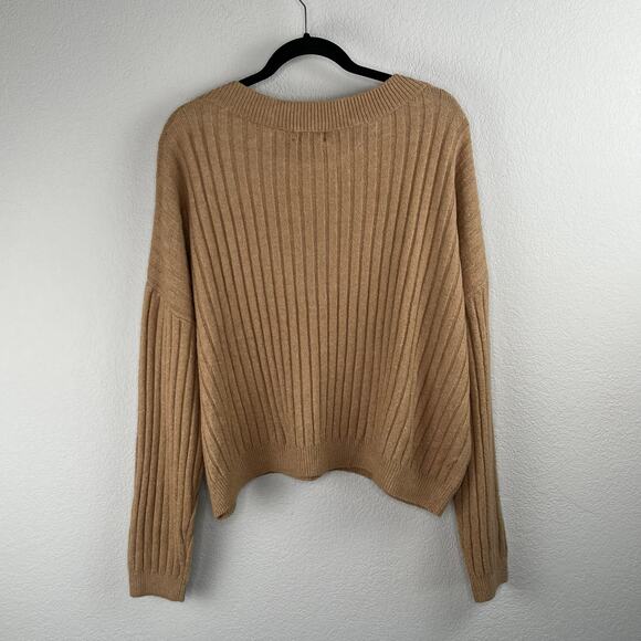 Open Edit Tan V-Neck Ribbed Knit Long Sleeve Drop Shoulder Pullover Sweater XL - Picture 13 of 13